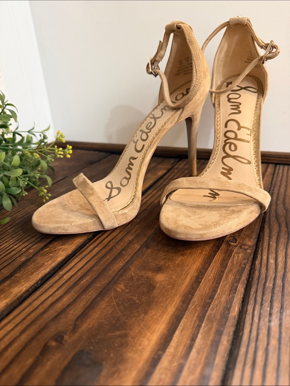 Sam Edelman Tan Sueded Leather Ankle-Strap Stiletto Sandals